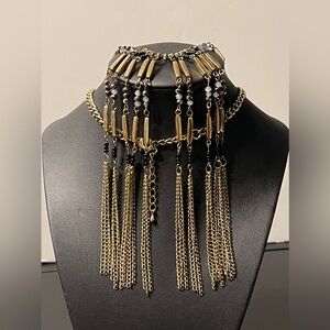 Vintage Elegant Fringe Bib Gold Tone and Black Necklace